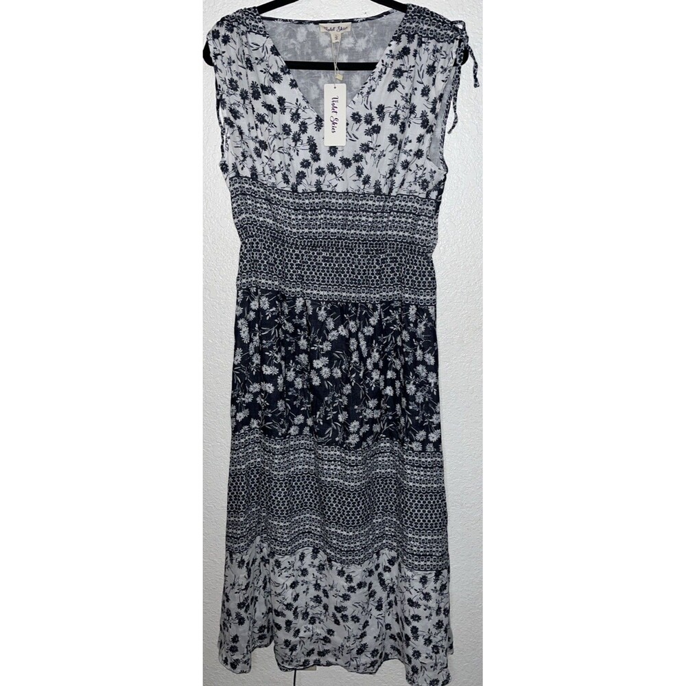 Violet Skies Summer Dress Black/White Elastic Waist 100% Cotton Women Sz L
